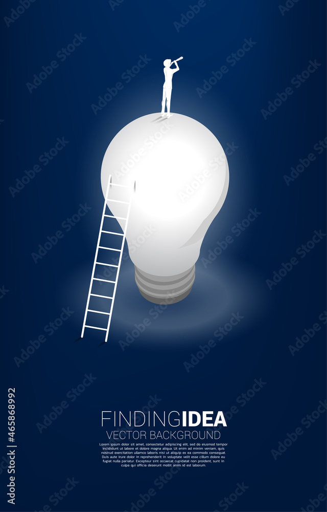 Poster silhouette of businessman looking through telescope standing on standing on light bulb with ladder. 