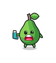 avocado mascot having asthma while holding the inhaler