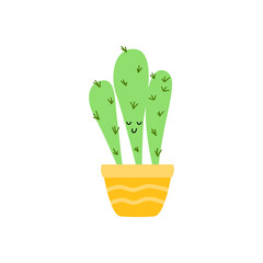 Cute cactus flat style vector illustration on white background. Houseplant succulent. Funny cacti with faces in pots for design, cards, stickers.