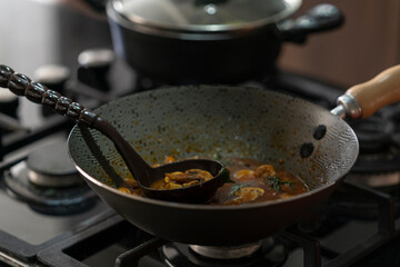 Homemade pasta in the kitchen of the house