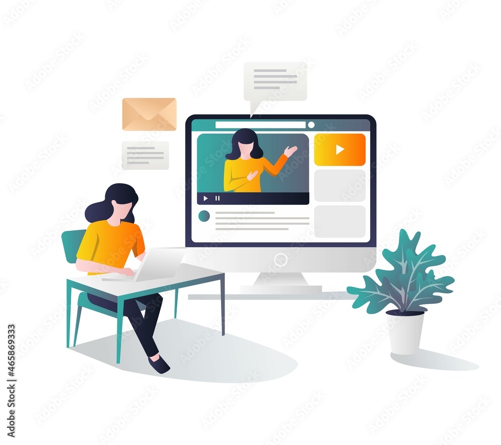 Poster Girl studying at desk with tutorial on computer