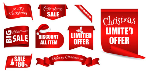 set of realistic red banner christmas sale isolated or scroll red paper christmas or christmas sale tag greeting. eps vector