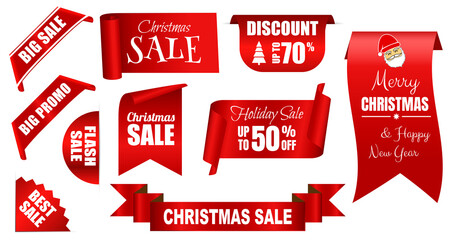 set of realistic red banner christmas sale isolated or scroll red paper christmas or christmas sale tag greeting. eps vector