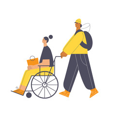 Young man walking with woman sitting in wheelchair. Flat vector illustration.

