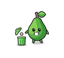 illustration of the avocado throwing garbage in the trash can