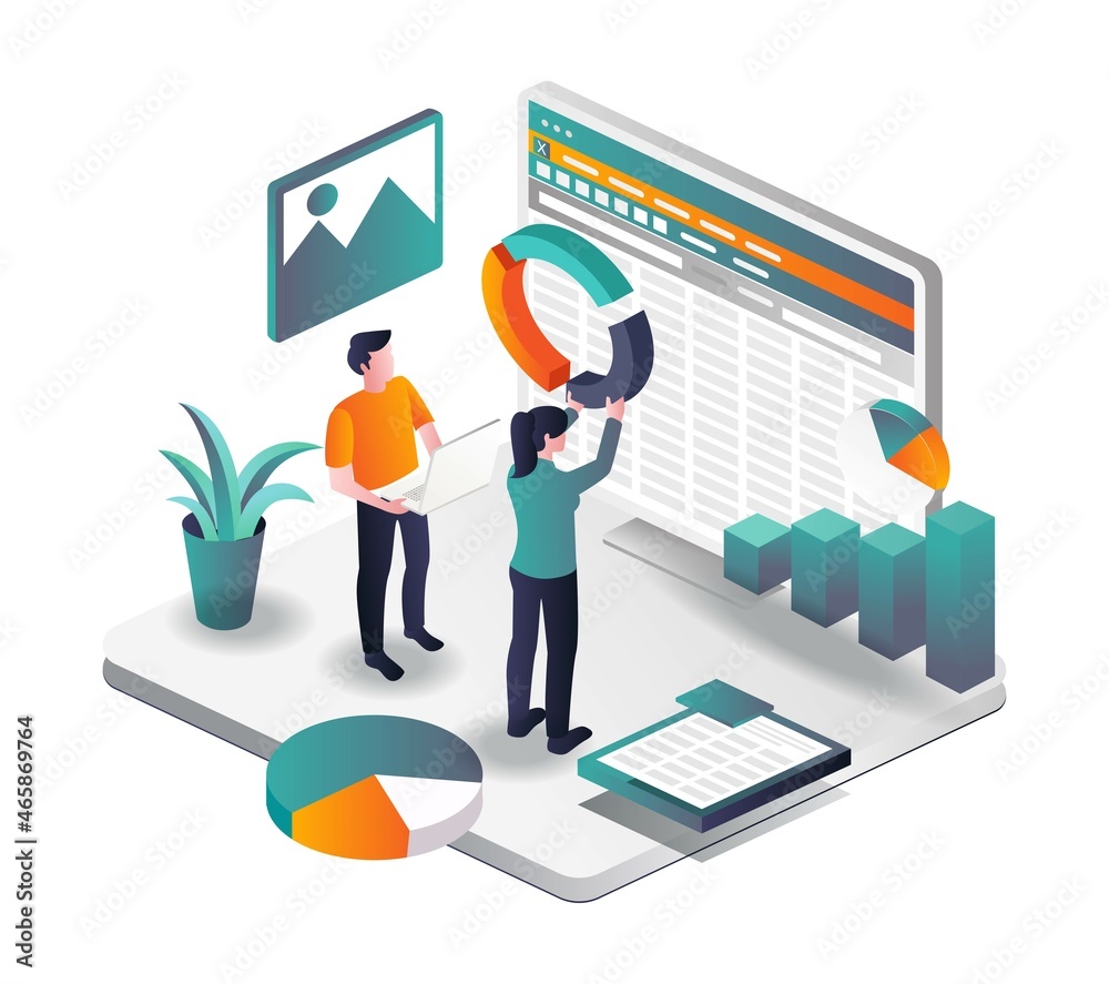 Poster Compile pie charts in excel in isometric illustration