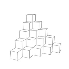 Obraz premium pyramid of stacked cubes, 3d outline black and white illustration, perspective view isolated on white