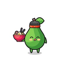 avocado as Chinese chef mascot holding a noodle bowl