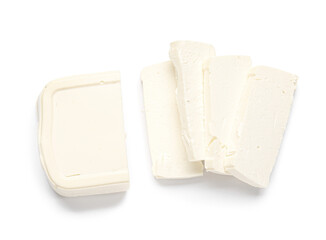 Healthy feta cheese on white background