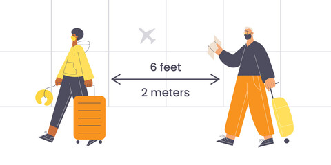 Woman and man wearing masks walking with suitcases at the airport 6 feet apart. Social distancing and safe traveling concept. Flat vector illustration banner.