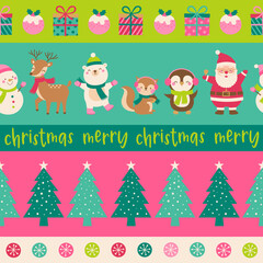 Fototapeta premium Cute cartoon character and christmas elements seamless pattern with striped background.