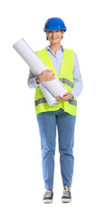 Female construction worker in hardhat with rolls of paper on white background