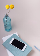 Teléfono sobre libreta azul y libro blanco, con craspedias y florero para mostrar prototipos, o...