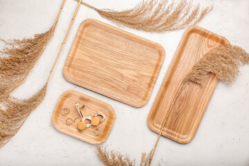 Fototapeta na wymiar Dry common reeds and wooden trays with stylish jewelry on white background