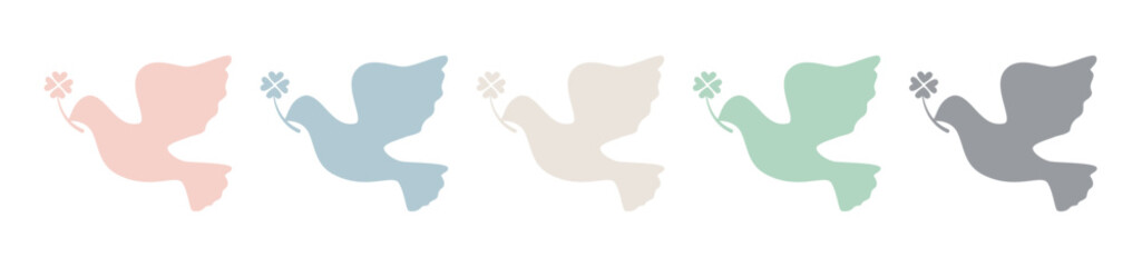 クローバーを運ぶ鳥のシルエットセット