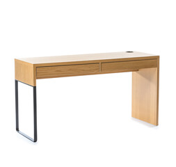 Modern wooden table with drawers on white background