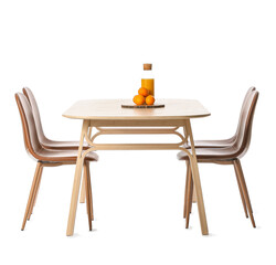 Wooden dining table with bottle of orange juice and chairs on white background