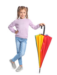 Pretty little girl with umbrella on white background