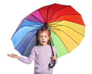 Pretty little girl with umbrella on white background