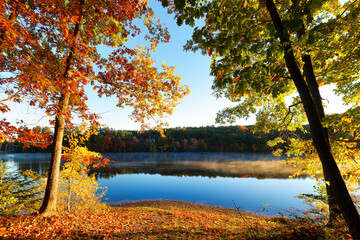 Fototapeta na wymiar Beautiful New England Fall Foliage with reflections at sunrise, Boston Massachusetts.