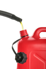 Pouring of motor oil in canister against white background, closeup