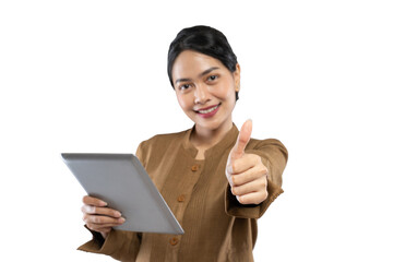 Indonesian woman in civil servant uniform with thumbs up while using tablet