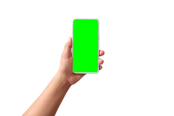 hand holding mobile phone green screen isolated on white background  with the clipping path.