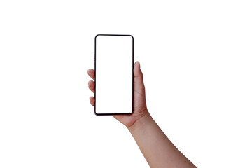 The hand is holding the white screen, the mobile phone is isolated on a white background with the clipping path.