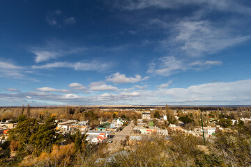 Aerial panoramic view of the Gaiman village in the Patagonian province of Chubut, Argentina