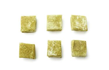 Delicious hojicha marshmallows on white background