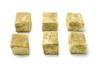 Delicious hojicha marshmallows on white background