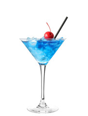 Glass of Blue Lagoon cocktail on white background
