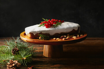 Dessert stand with tasty Christmas bread on table