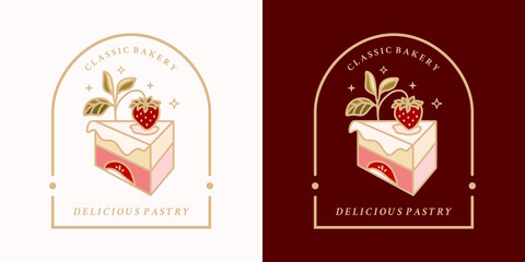 Hand drawn vintage cake, pastry and bakery elements with strawberry fruit and floral leaf illustration for food logo, emblem, cafe icon, brand, sticker or product decoration