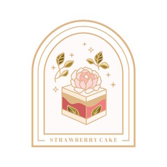 Hand drawn vintage cake, pastry and bakery elements with strawberry, peony flower, green tea, and floral vector illustration for food logo, emblem, icon, brand, sticker or product decoration