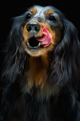 close-up portrait of a dachshund dog with tongue out on a black background