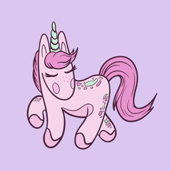 Hand-draw doodle pink unicorn in vector. Idea for prints, icons, illustrations, pattern, backgrounds and stickers.