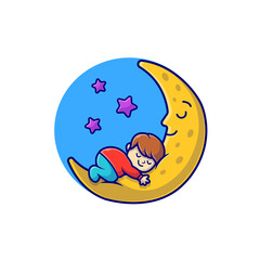 Cute Kid Sleeping On Moon Cartoon Vector Icon Illustration. People Nature Icon Concept Isolated Premium Vector. Flat Cartoon Style. 