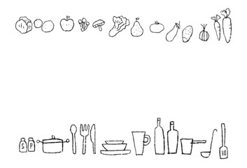 野菜と調理道具の手描きの線画_黒