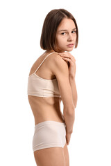 Fototapeta premium Young skinny woman on white background. Anorexia concept