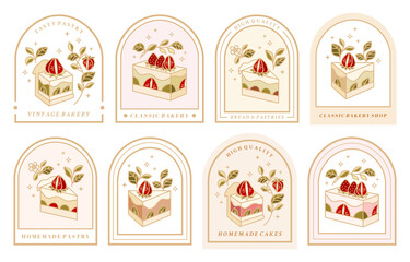 Collection of Vintage Cake Logo and Food Label with Strawberry, Frame, & Floral Elements