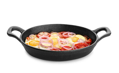 Baking dish with tasty Shakshouka on white background