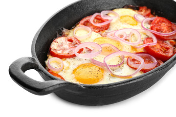 Baking dish with tasty Shakshouka on white background, closeup