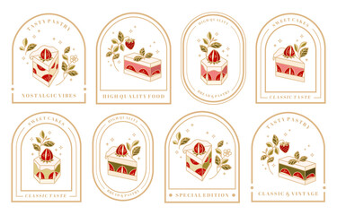 Collection of Vintage Cake Logo and Food Label with Strawberry, Frame, & Floral Elements