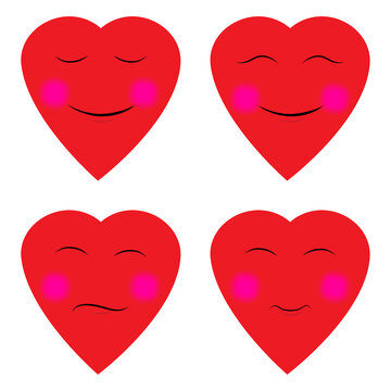Set of smiling red hearts icons. Love symbols. Romantic background. Cartoon style. Vector illustration. Stock image. 
