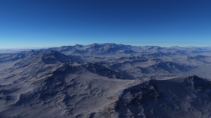 alien planet landscape sci fi spatial background, view from planet surface with spectacular sky, realistic digital illustration