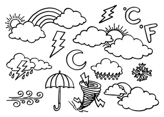 weather doodle vector set illustration with hand draw line art style vector, star, sun