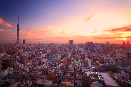 朝日と流れる雲と東京スカイツリーと下町両国の街並, 墨田区,東京都