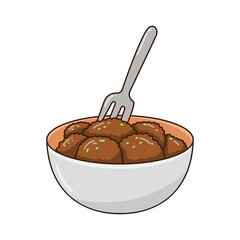Bowl of meatballs with fork vector illustration isolated on white background 