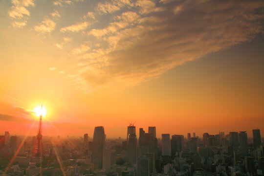東京タワーと夕日と都心のビル群, 港区,東京都